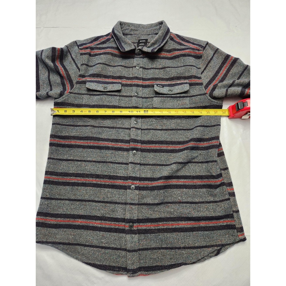 RVCA Shirt Mens Large Gray Stripe Wool Blend Flannel Long Sleeve Button Up - Picture 6 of 12